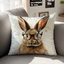 1pc Vintage Glasses Rabbit Pattern Decorative Pillow Cover, Single-Sided Peach Velvet Fabric, 45*45cm/50*50cm Cushion Cover For Modern Sofa, Living Room Decor, Gift