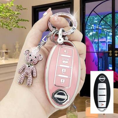 粉色时尚水钻钥匙链 + 旋转粉色泰迪熊 + TPU 钥匙扣，带钥匙链，适用于 Nissan Altima Coupe、Armada、GTR、Maxima、Murano Cross Cabriolet、Rogue、Versa