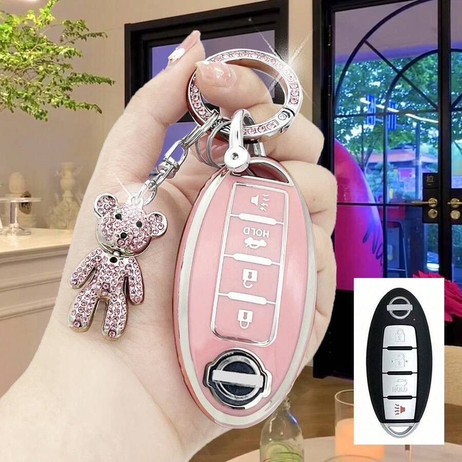 粉色时尚水钻钥匙链 + 旋转粉色泰迪熊 + TPU 钥匙扣，带钥匙链，适用于 Nissan Altima Coupe、Armada、GTR、Maxima、Murano Cross Cabriolet、Rogue、Versa - 均碼 - 查看 1