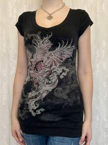 Women Y2K Graphic T-Shirts Short Sleeve Punk Gothic Rhinestones Tee Tops Vintage 90s Aesthetic Clothes Streetwear - 黑色 - 查看 3