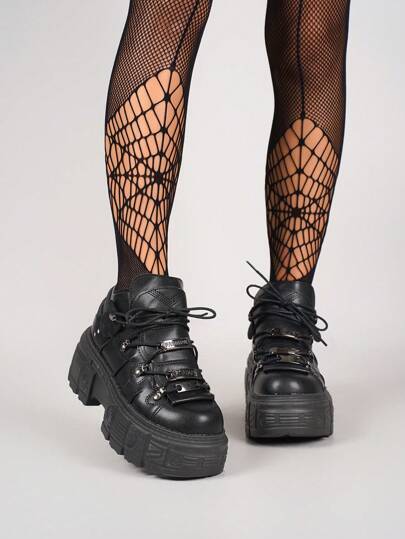 Fall/Winter Women's Platform Sneakers With Lace-Up Round Toe, Punk Style Casual Shoes