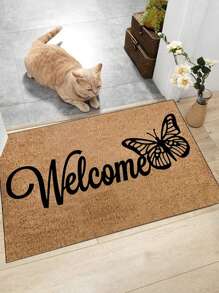 1pc 'Brown Background, Black Openwork Butterfly, Welcome' Doormat, Indoor Mat, Throw Rug, Creative Door Mat, Entryway Themed Mat, Home Decor, Non-Slip Floor Rug Mat, Bedroom Accessories, Photo Props, Outdoor Decor, Throw Rug, Area Rug, Gift - Multicolor - View 5
