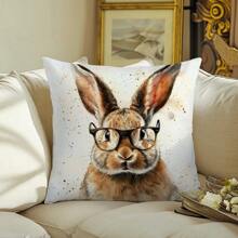 1pc Vintage Glasses Rabbit Pattern Decorative Pillow Cover, Single-Sided Peach Velvet Fabric, 45*45cm/50*50cm Cushion Cover For Modern Sofa, Living Room Decor, Gift