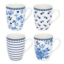 SET OF 4 Blue White Porcelain MUGS Floral Bone China Mismatched Coffee Mugs 12oz - 1 - View 2
