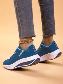 أحذية نسائية بكعب جذابة ، أحذية رياضية بقاعدة للتقوية ، أحذية مشي عادية رياضية - الأزرق - مشاهدة 5