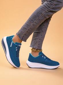 أحذية نسائية بكعب جذابة ، أحذية رياضية بقاعدة للتقوية ، أحذية مشي عادية رياضية - الأزرق - مشاهدة 4