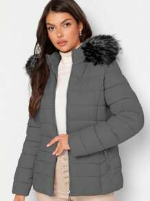 Shendy Vendy Chamarra Para Mujer Poliéster Cálido Con Cuello Tipo Piel - Gris 1 - Ver 2