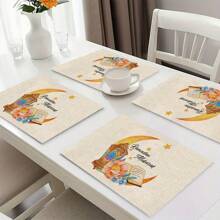 4/6/8 Pieces Set Linen Placemat, Heatproof, Modern Design With Lantern & Moon Pattern, Suitable For Holiday Dining And Kitchen Decor, 12x18 Inches
