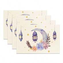 4/6/8 Pieces Set Linen Placemat, Heatproof, Modern Design With Lantern & Moon Pattern, Suitable For Holiday Dining And Kitchen Decor, 12x18 Inches