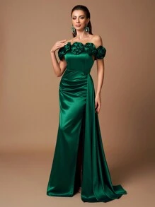 UNITHORSE 露肩奢华玫瑰袖收腰飘逸缎面长款礼服、派对礼服、婚礼宾客礼服、晚礼服、长袍