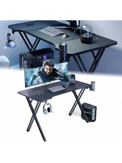 LILIIN Gaming Computer Bureau Carbon Fiber Surface Stable, M/Z/X Frame, 120cm/140cm/160cm, LED/ out LED, Tafel Ergonomic, Cup Holder Headphone Hook, view 5