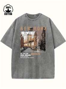 (230 Pure Cotton T-Shirt) Men's T-Shirt Men's Casual  Comfortable, Fashionable T-Shirt, Street Style Cotton   New York - 灰色 - 查看 1