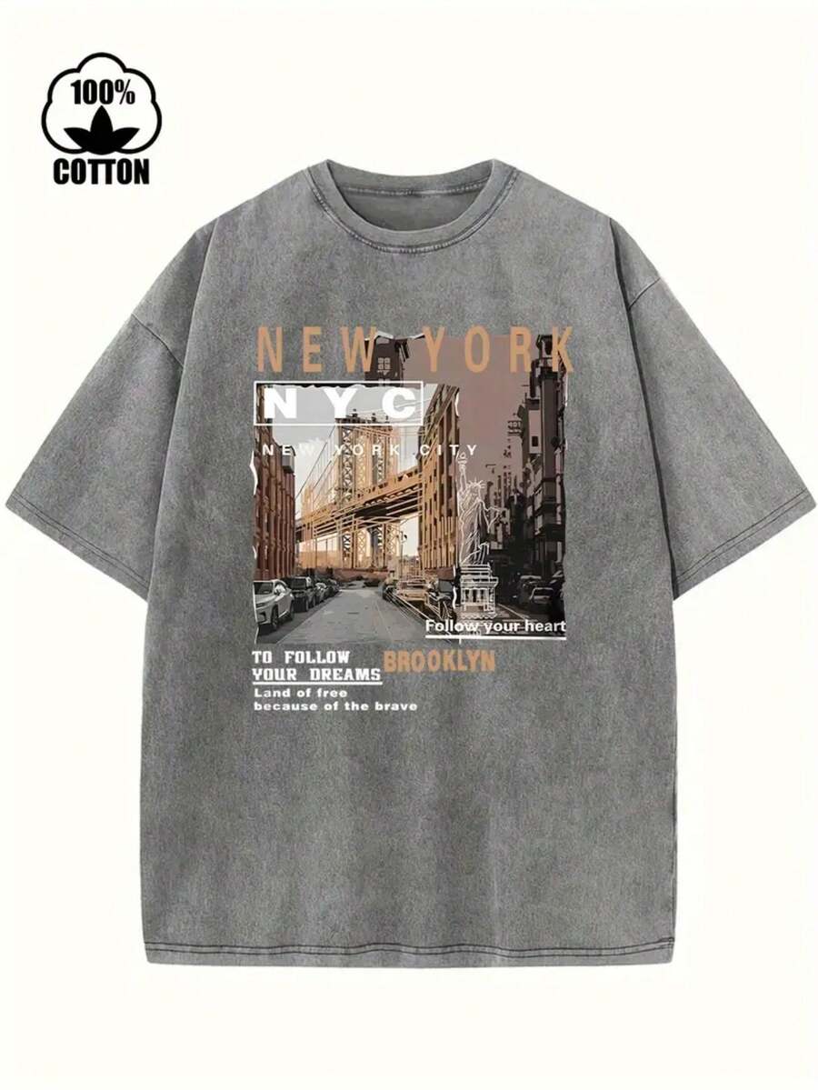 (230 Pure Cotton T-Shirt) Men's T-Shirt Men's Casual Comfortable, Fashionable T-Shirt, Street Style Cotton New York - 灰色 - 查看 1