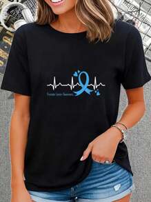 100% Cotton Heartbeat Light Blue Ribbon Prostate Cancer Awareness T-Shirt - Black - View 1