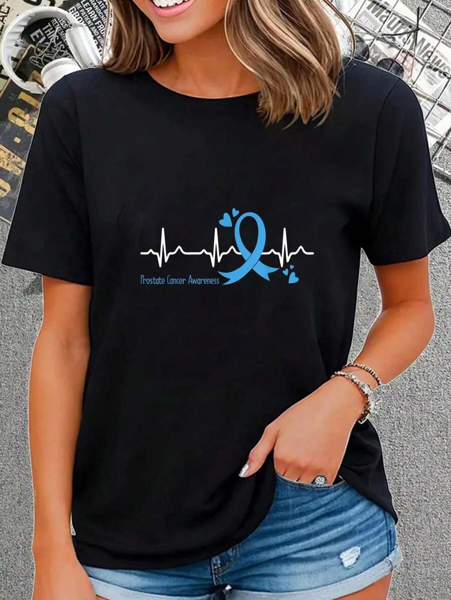 100% Cotton Heartbeat Light Blue Ribbon Prostate Cancer Awareness T-Shirt - Black - View 1