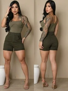 Colored Jean Shorts With Folded Hem And Covered Button