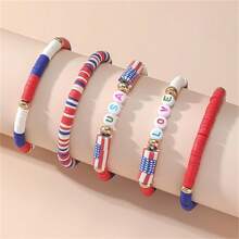 4-5 件红、白、蓝聚合物粘土，配美国自由爱美国手镯，男女皆宜，是庆祝美国独立日的最佳礼物，适合爱国派对游行庆祝活动