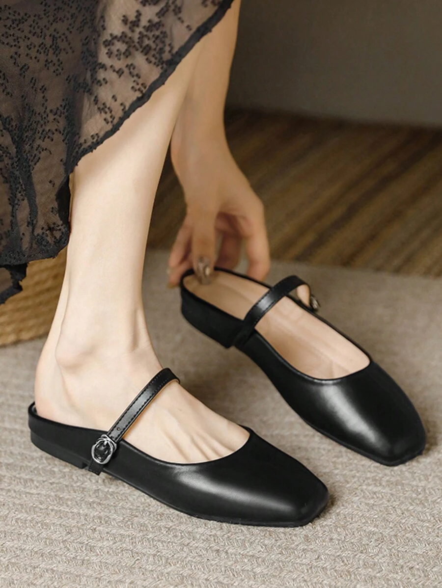 Giày lười mũi vuông màu đen cho nữ, giày lười công sở đa năng, giày bệt Mary Jane thanh lịch phù hợp cho mùa xuân thu ngoài trời, giày Mule - màu đen - Xem 1
