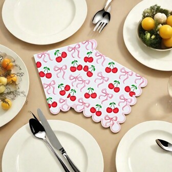 20pcs Pink Bow Ribbon Cherry Pattern Asymmetric Edging Napkins, 6.5x6.5 Inch, Suitable For Holiday Celebrations, Parties, Valentine's Day, Weddings, Anniversary Events, Tabletop Decorations, Versatile Party Supplies