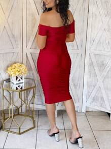 Women Elegant Sexy Off Shoulder Pleated Cocktail Party Dress, Wedding Guest Dress - Red - View 7