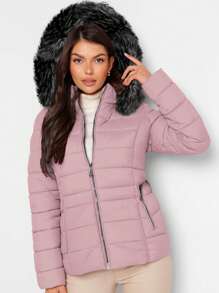 Shendy Vendy Women's Warm Polyester Jacket With Fur Collar - Pale Pink 1 - View 3