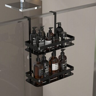 White/Black Double-Tier Shower Storage Rack,Wall Mounted Shelf,No-Drill Wall Mounted Shower Storage Rack,Shower Accessories,1pc/3pcs Multi - Specification Shelf Combo,Towel Hanging And Toilet Paper Placement Home Bathroom Decor Bathroom Organizer Fall Decor Back To School