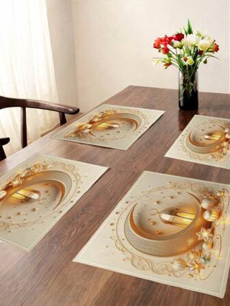 Juego de 4 individuales Ramadán con diseño floral, luna y estrellas, en estilo acuarela vibrant y floral 3D, apropiado para decoración de mesa