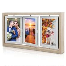 Desk Picture Frame Rotating Floating Photo Frame Wooden Double Side Frame Tabletop Double-Sided Triple Wooden Floating Frame For Office Home Decor - Original Wood Color - Brown - View 2