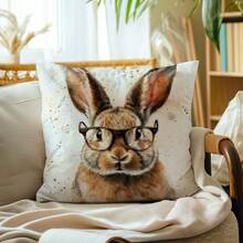 1pc Vintage Glasses Rabbit Pattern Decorative Pillow Cover, Single-Sided Peach Velvet Fabric, 45*45cm/50*50cm Cushion Cover For Modern Sofa, Living Room Decor, Gift