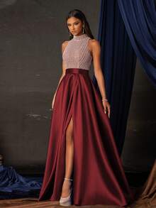 优雅的勃艮第亮片高开衩露背礼服，拖地长款正式晚礼服，女士舞会礼服，闪亮派对礼服，婚礼宾客礼服