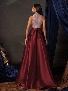 优雅的勃艮第亮片高开衩露背礼服，拖地长款正式晚礼服，女士舞会礼服，闪亮派对礼服，婚礼宾客礼服