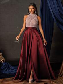 优雅的勃艮第亮片高开衩露背礼服，拖地长款正式晚礼服，女士舞会礼服，闪亮派对礼服，婚礼宾客礼服