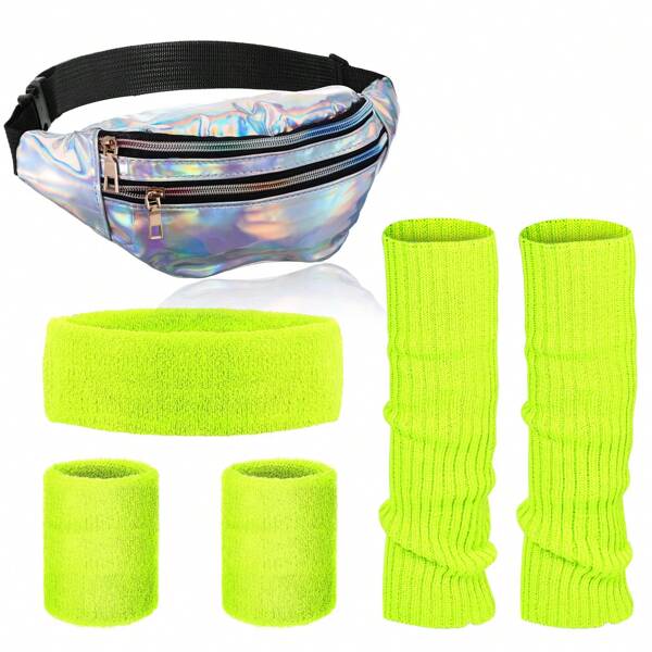6 pièces Set Leg Warmer style années 80 Néon, Sac Banane Holographique, Bandeau et Bracelets Assortis, Convient pour le Yoga, la Course, la Randonnée, le Bal de Promo, Halloween