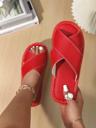 Women's Fashion Open Toe 2 Strap Criss Cross Flat Sandals, Casual Outdoor Beach Slippers For Summer