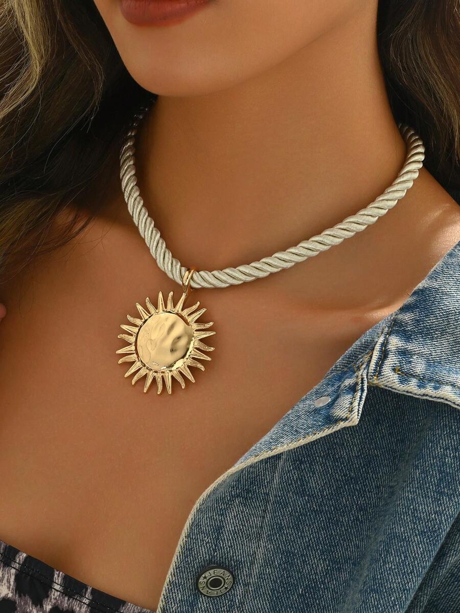 1pc Rope Sun Flower Pendant Necklace, Fashion Accessory For Women, Elegant Daily Wear Gift For Friends - Love - View 1