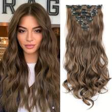 Extensiones de cabello sintético, set de 7 piezas con 16 clips, de color marrón mezclado con rubio, ondulado largo, resistente al calor, para uso diario, de fiesta y vacaciones de las mujeres