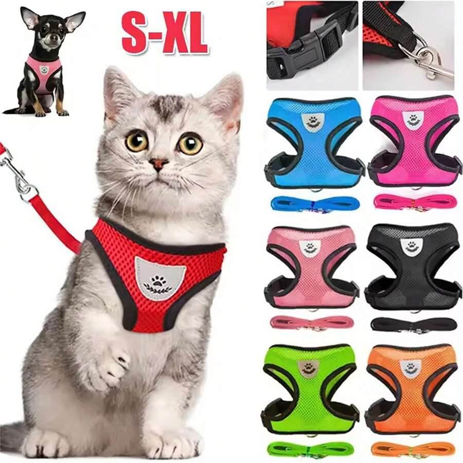 1pc Adjustable Mesh Pet Cat Harness & Leash Set, Breathable Vest For Small & Medium Dogs