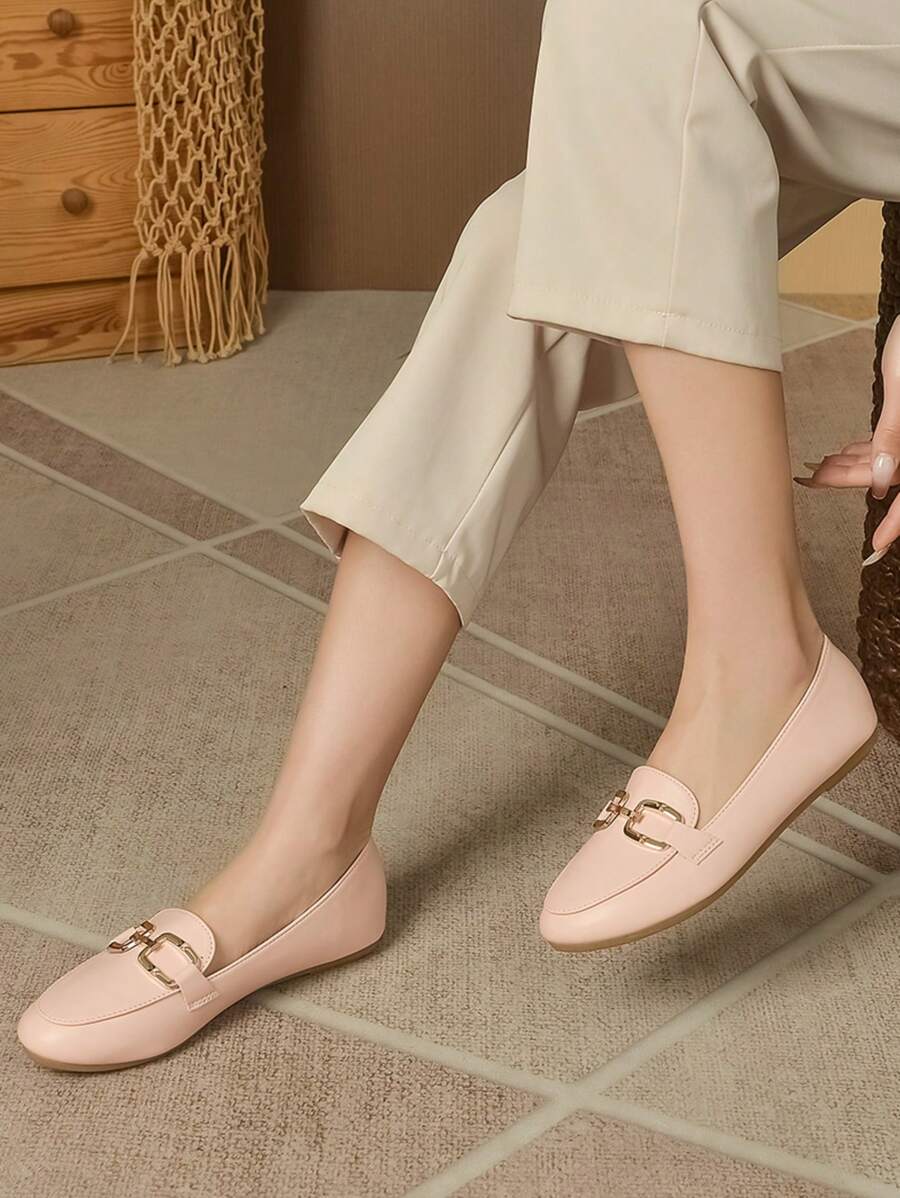 Elegant Loafers With Metal Chain - Nude - View 1