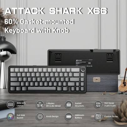 X66 Dichtung Wireless Mechanische Tastatur mit Lautstärkeregler, 60% Bluetooth/2,4GHz/Kabel Gaming Tastatur, RGB Beleuchtung, OEM Tri-Farben PBT Keycaps, 66 Tasten Hot Swappable für PC