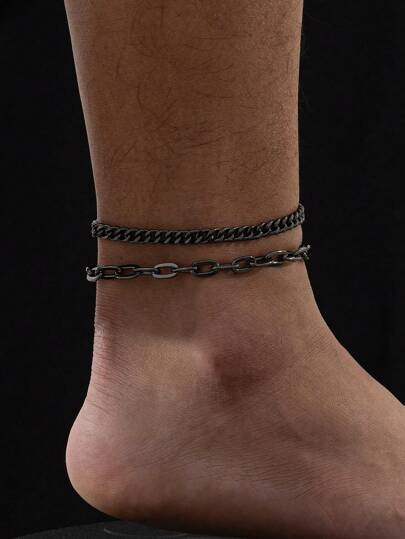 2pcs Hip-Hop Punk Retro Gun & Black Metal Chain Anklets For Men