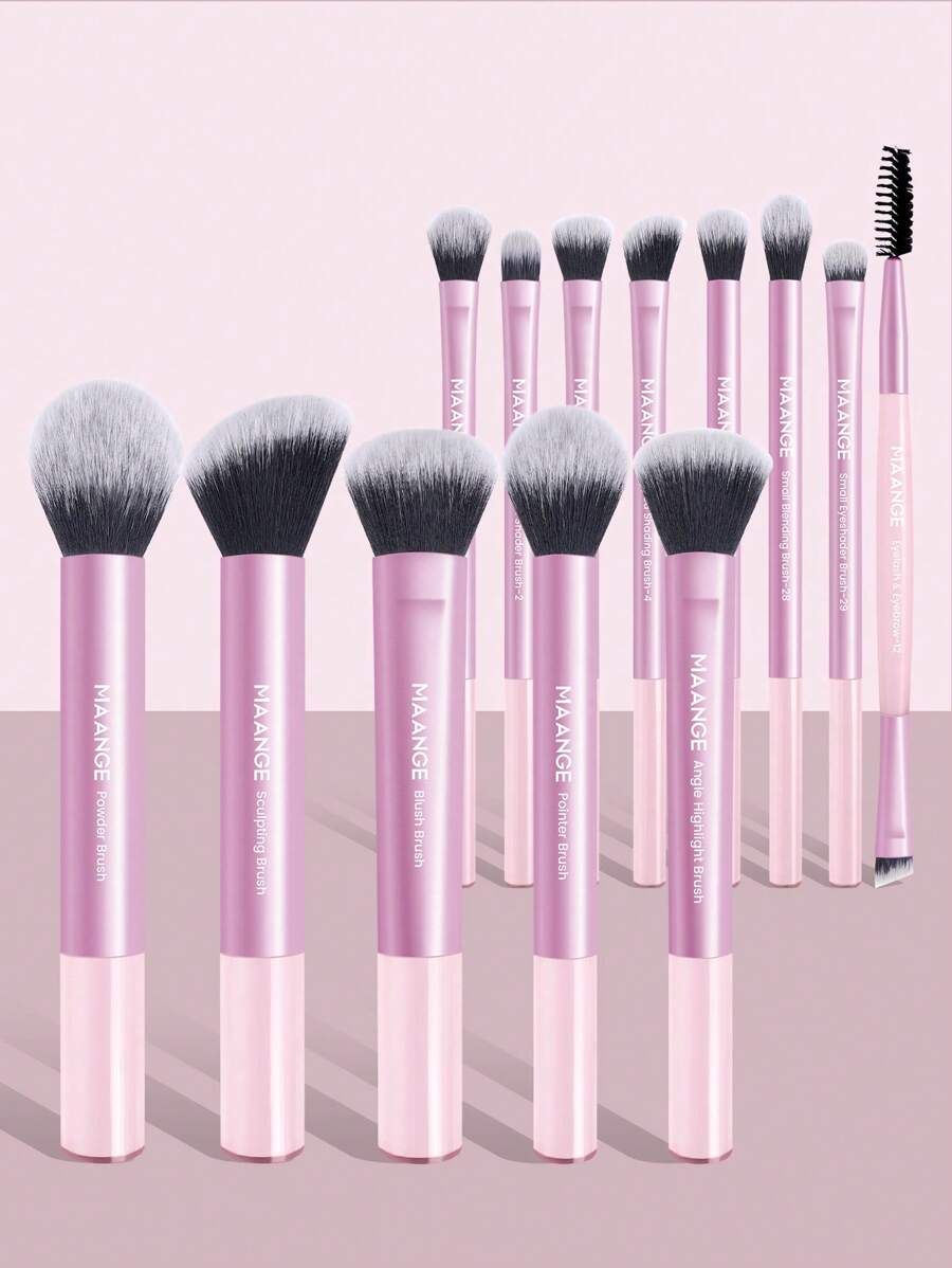 MAANGE 13Pcs Professional Facial Aluminum Tube Makeup Brushes,Powder Brush Contour Brush Blush Brush Pointer Brush Highlight Brush Shadow Brush Eyeshadow Brush Blending Brush Eyebrow Brush Eyelash Brush Concealer Brush Easy And Beautiful Face Makeup,Brushes With Soft Hair For Easy Carrying Beginners In Makeup,Gift For Women&Girl - 粉色 - 查看 1