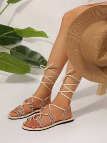 Latest Fashion Women's Outdoor Date, Office Outfit Roman Style Women Tied Leg Flat Sandals, Cute Democratic Style