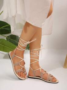 Latest Fashion Women's Outdoor Date, Office Outfit Roman Style Women Tied Leg Flat Sandals, Cute Democratic Style