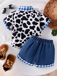 2pcs/Set Young Boys' Casual Short Sleeve Shirt + Denim Shorts Outfit, Lightweight Summer - Blue - View 3