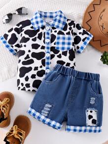 2pcs/Set Young Boys' Casual Short Sleeve Shirt + Denim Shorts Outfit, Lightweight Summer - Blue - View 2