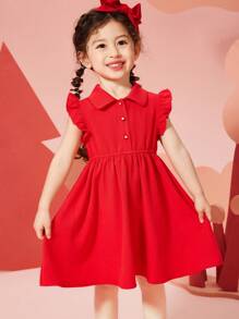 ASK JUNIOR Young Girls Summer Vacation Cartoon Print Princess Dress, Flounced Sleeve, Cute School Style For Little Girls - Red - View 5