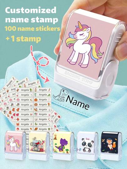 100pcs Personalized Name Stickers And 1pc Customized Name Stamp, Waterproof, Suitable For Clothing. This Customizable Name Stamp Can Be Used For Clothing, Handwritten Signatures, DIY Cartoon Ink Name Stamp, Suitable For Business, Students, Stationery And Other Occasions, An Ideal Gift For Birthday, Christmas, Winter, Autumn/Fall, Back To School Season. Solid Color Name Stamp.,Diy