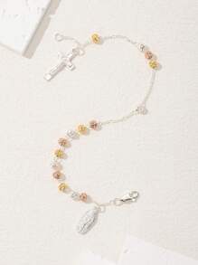 1 pieza Pulsera con colgante de la Virgen María y cruz católica chapada en estilo clásico de dos tonos, hecha a mano pura de plata 925 con caja de regalo de lujo, adecuada para madres/San Valentín, parejas, hermanas, amigos, creyentes para uso diario/festival y oración