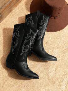 Women'S Cowboy Western Boots Point Toe Pull On Cowgirl Boots  Embroidered Detail Chunky Heeled Spring And Winter Back To School Party Festival Matching Dress Mid Calf Black Boots - 黑色/PU - 查看 6