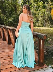 LONG BRIDESMAID PARTY DRESS WITH SATIN SLIT - Mint Green - View 2